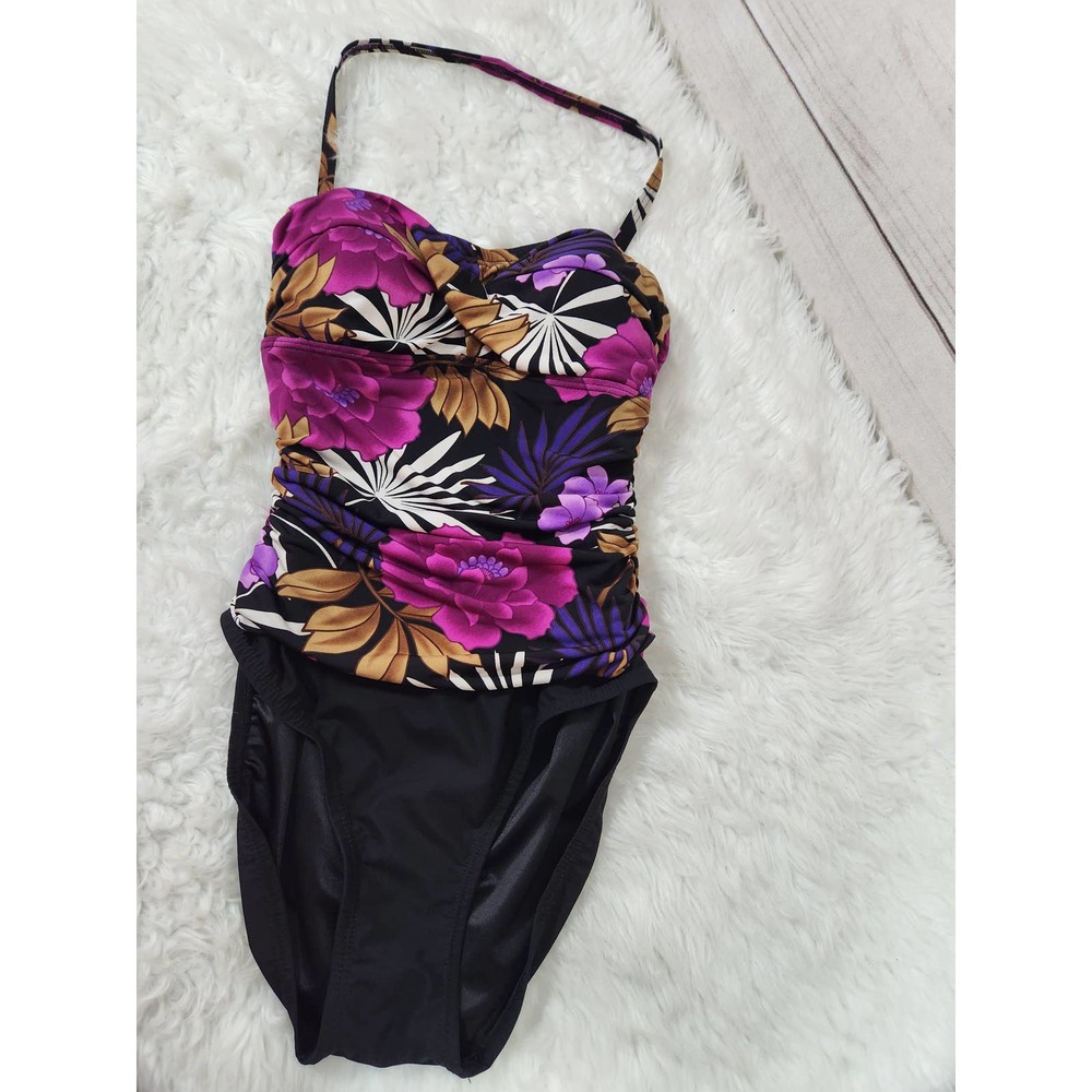 St. John's Bay Womens One Piece Swimsuit Floral Padded Purple Black Size 8